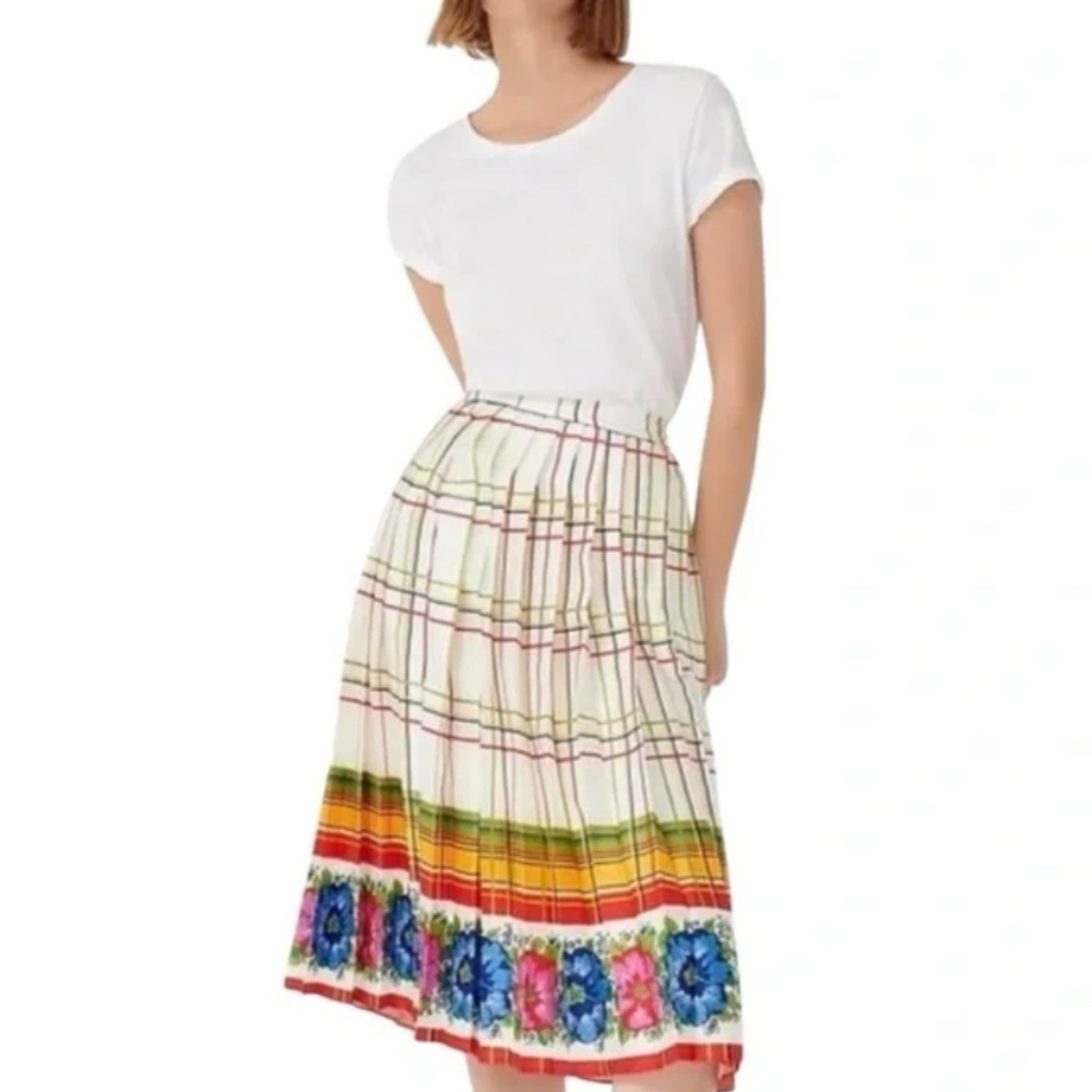 J. Crew Pleated Floral Border Midi Skirt Cream size 8